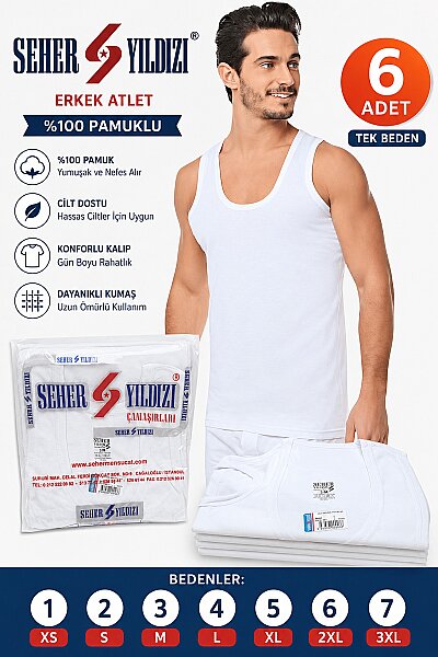 0001 Seher Erkek Penye Atlet 6'lı Paket Beyaz - 2