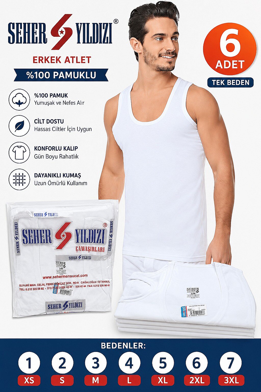 0001 Seher Erkek Penye Atlet 6'lı Paket Beyaz - 2