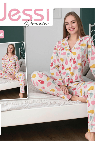 0058 Kadın Penye Desenli Düğmeli Pijama Takımı Bej - 