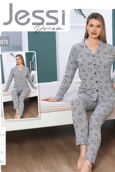 0078 Kadın Penye Desenli Düğmeli Pijama Takımı Gri - 