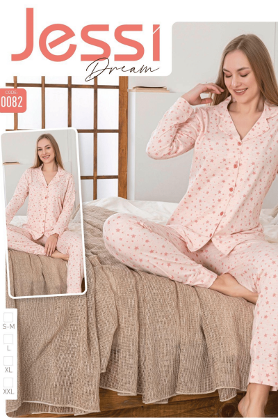0082 Kadın Penye Desenli Düğmeli Pijama Takımı Pembe - 