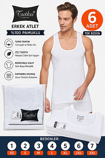 0101 Tutku Erkek Penye Atlet 6'lı Paket Beyaz - 2
