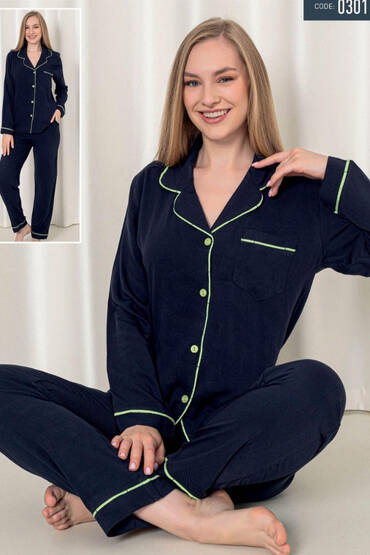 0301 Life Favori Kadın Düğmeli Pijama Takımı Siyah - LİFE FAVORİ