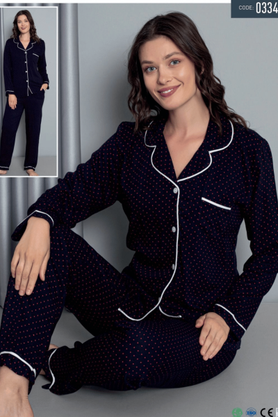 0334 Kadın Penye Puanlı Düğmeli Pijama Takımı Siyah - 