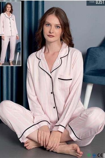 0351 Life Favori Kadın Düğmeli Pijama Takımı Pudra - LİFE FAVORİ
