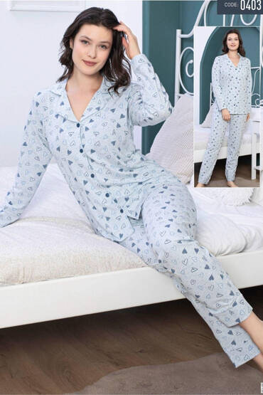 0403 Life Favori Kadın Penye Düğmeli Pijama Takımı Mavi MAVİ