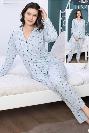 0403 Life Favori Kadın Penye Düğmeli Pijama Takımı Mavi - LİFE FAVORİ
