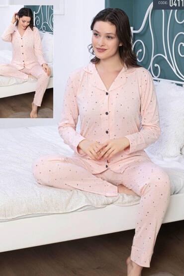 0411 Life Favori Kadın Penye Düğmeli Pijama Takımı Pembe PEMBE