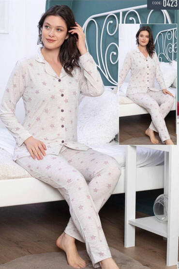 0423 Life Favori Kadın Penye Düğmeli Pijama Takımı Bej - LİFE FAVORİ