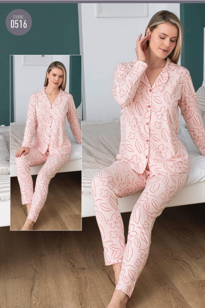 0516 Kadın Penye Puanlı Düğmeli Pijama Takımı Pembe - 