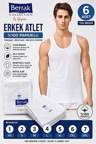 1004 Berrak Erkek Penye Atlet 6'lı Paket Beyaz (1)