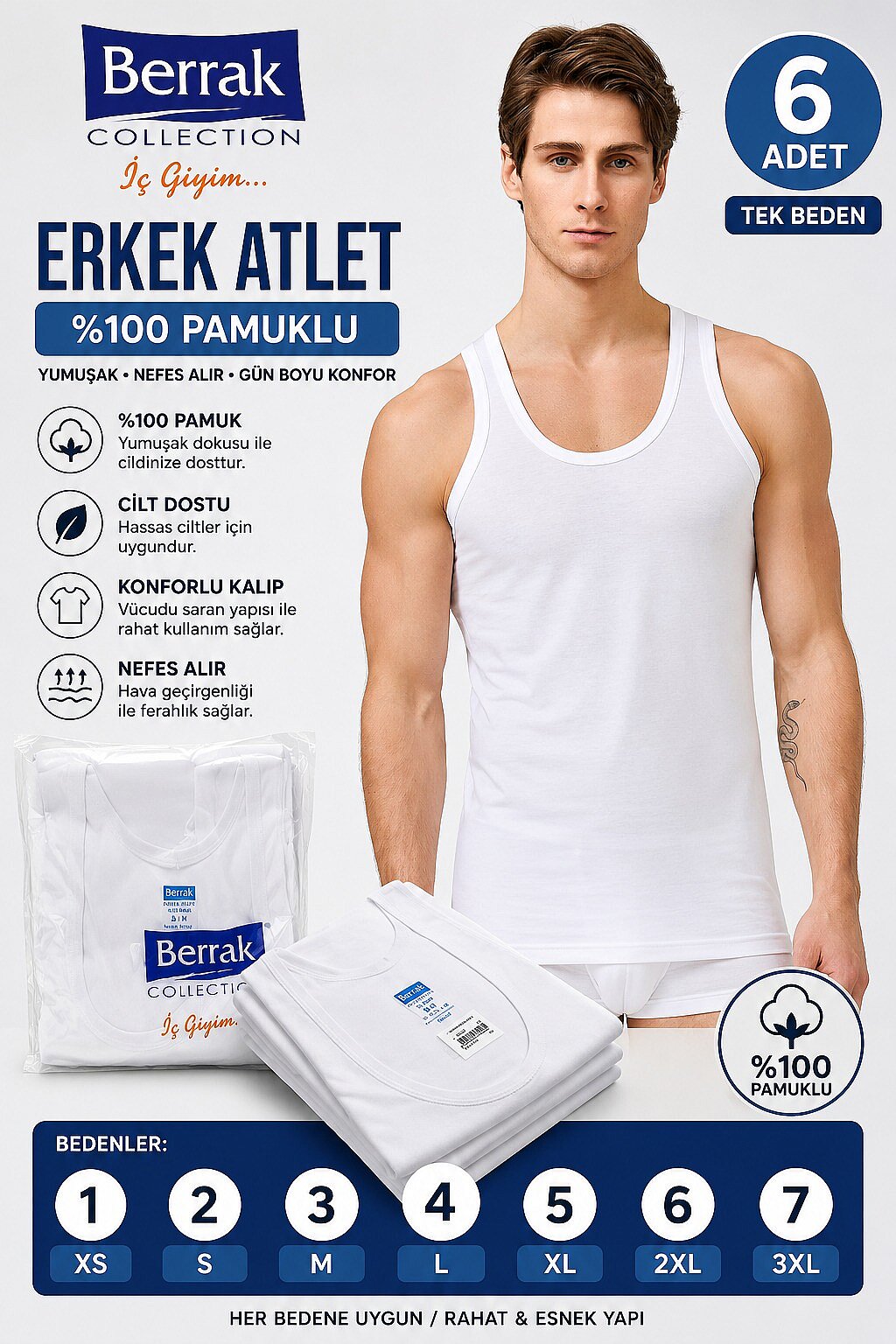 1004 Berrak Erkek Penye Atlet 6'lı Paket Beyaz - 2