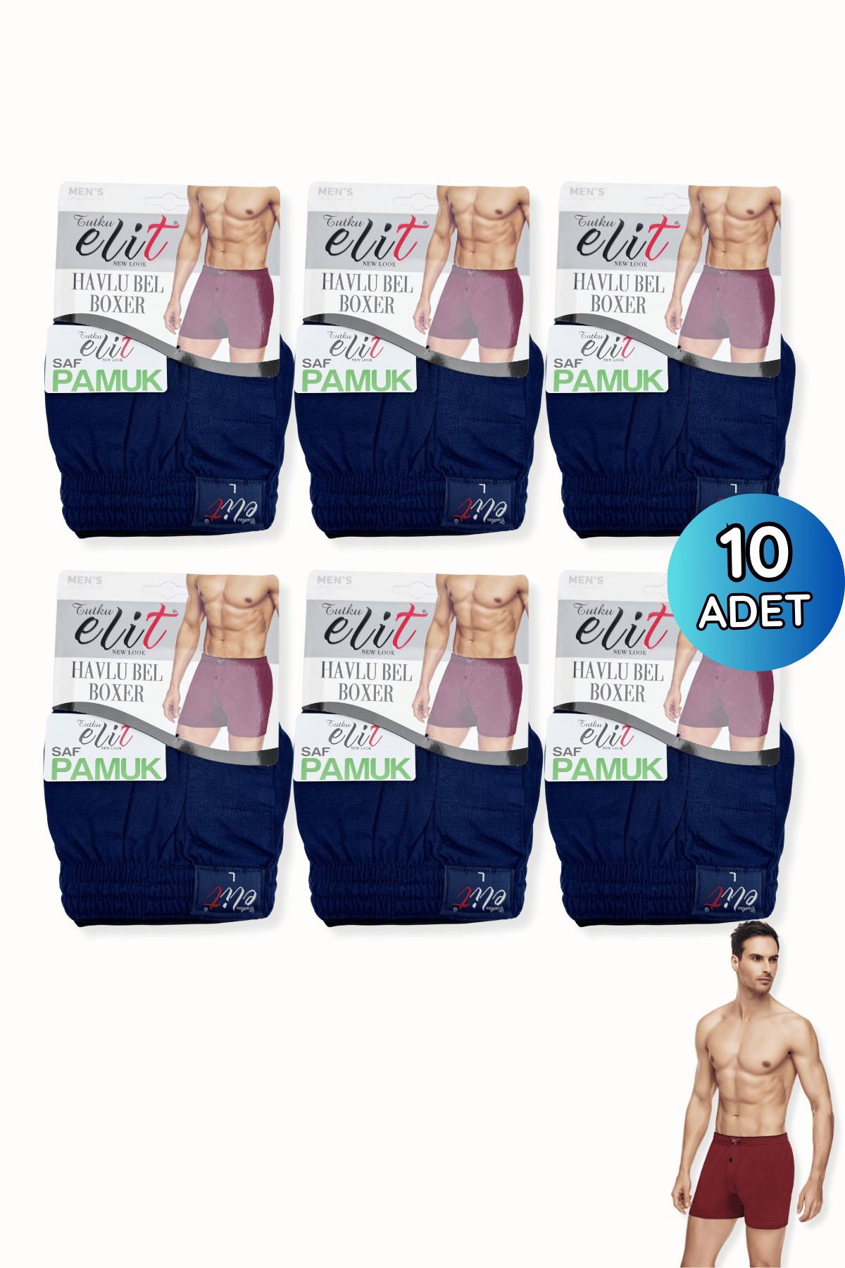 1101 Elit Erkek Havlu Bel Düz Boxer 10lu Lacivert - 1