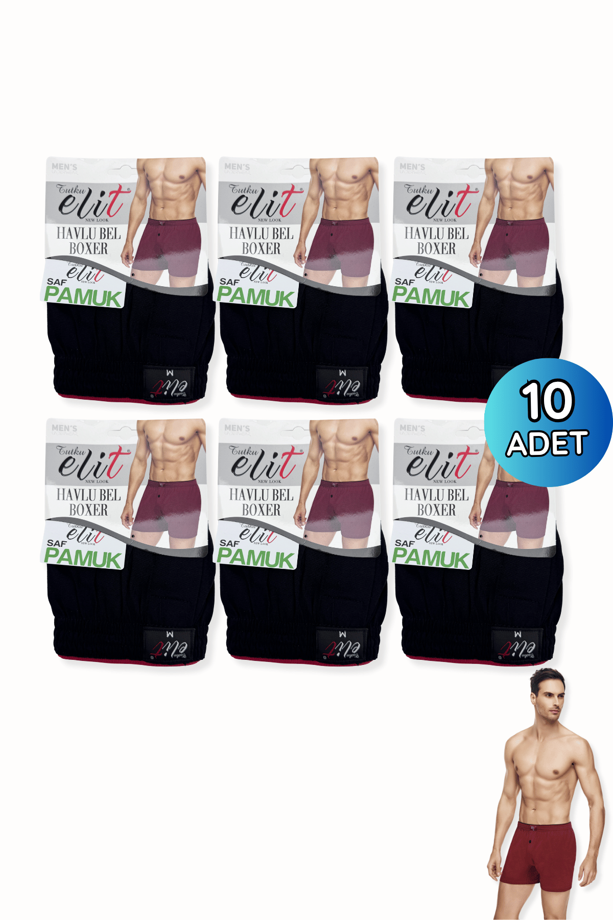 1101 Elit Erkek Havlu Bel Düz Boxer 10lu Siyah - 1