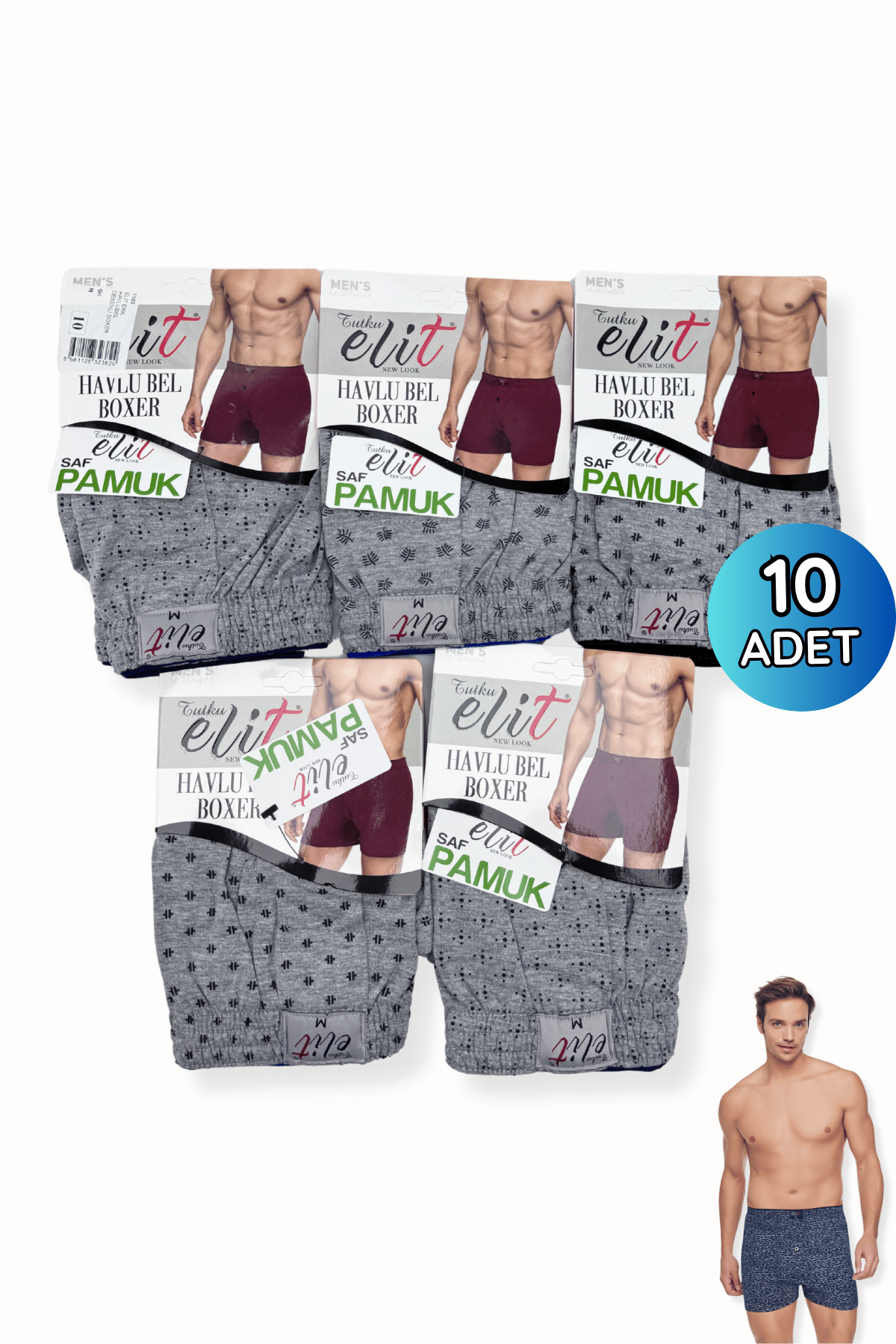1102 Elit Erkek Havlu Bel Desenli Boxer 10lu Gri - 1