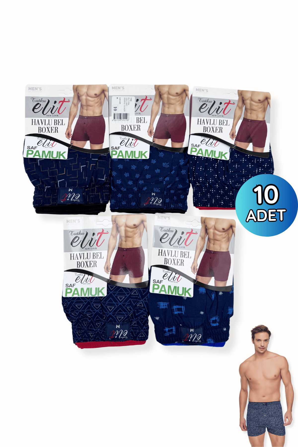 1102 Elit Erkek Havlu Bel Desenli Boxer 10lu Lacivert - 1
