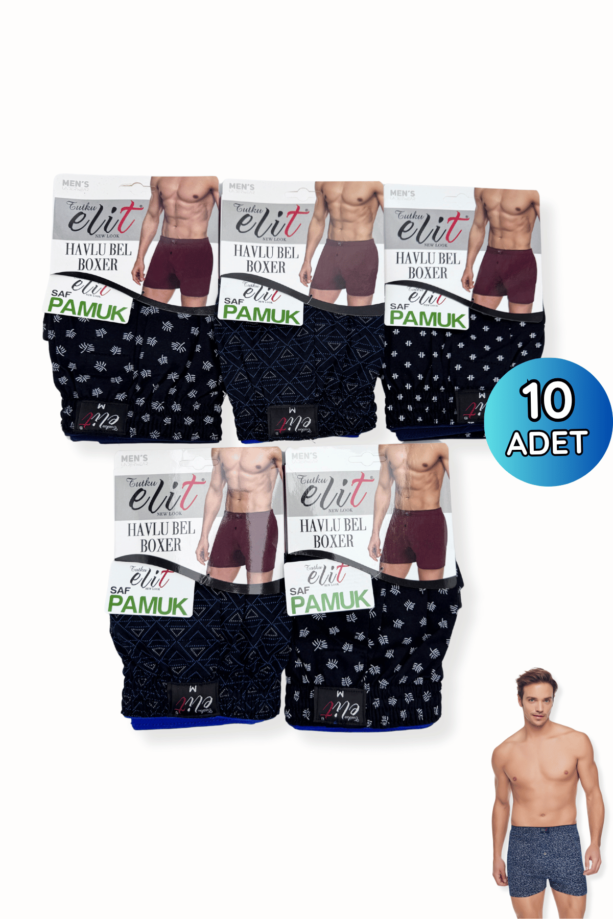 1102 Elit Erkek Havlu Bel Desenli Boxer 10lu Siyah - 1