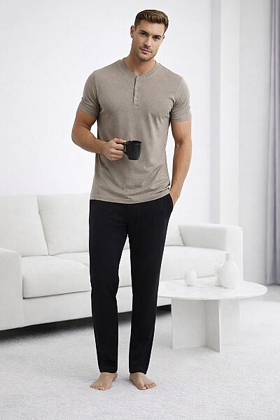 15334 Jiber Erkek Patlı Kısa Kol Pijama Takım Vizon - JİBER