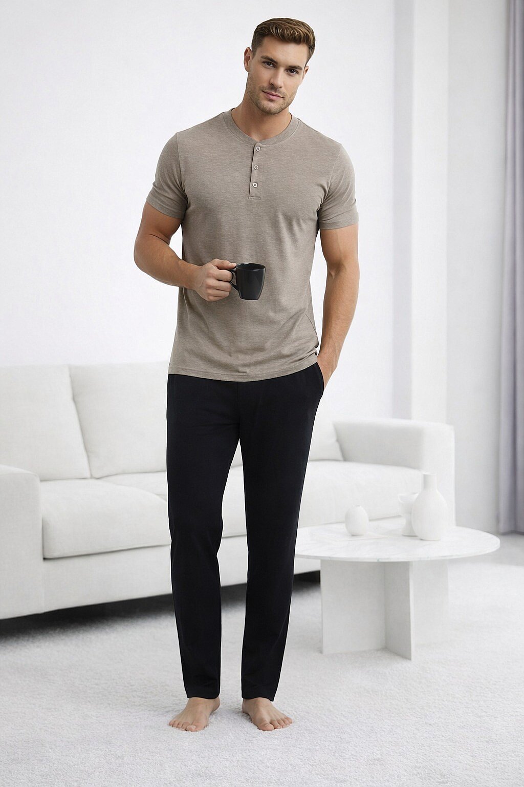 15334 Jiber Erkek Patlı Kısa Kol Pijama Takım Vizon - 1