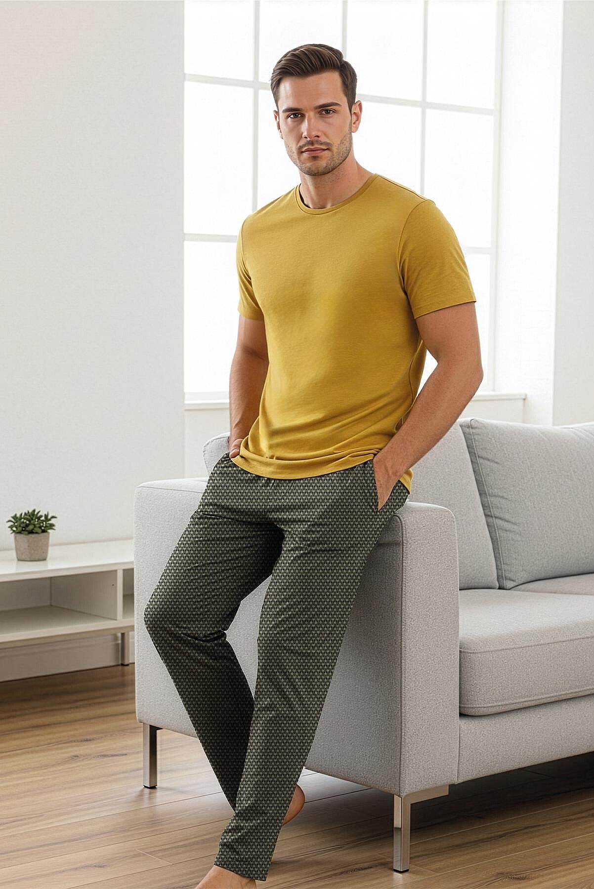 15339 Jiber Erkek Sıfıryaka Kısa Kol Pijama Takım Hardal - 1