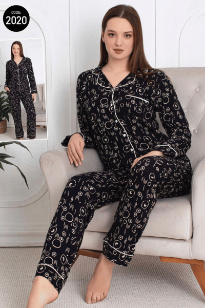 2020 Kadın Belmando Desenli Düğmeli Pijama Takımı Siyah - 