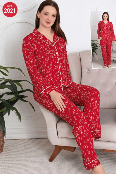2021 Kadın Belmando Desenli Düğmeli Pijama Takımı Kırmızı - 