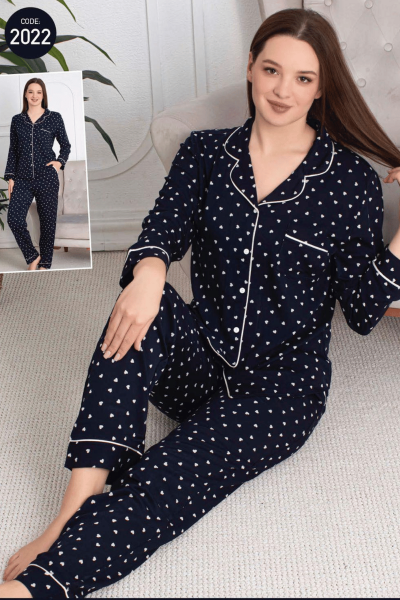 2022 Kadın Belmando Desenli Düğmeli Pijama Takımı Lacivert - 