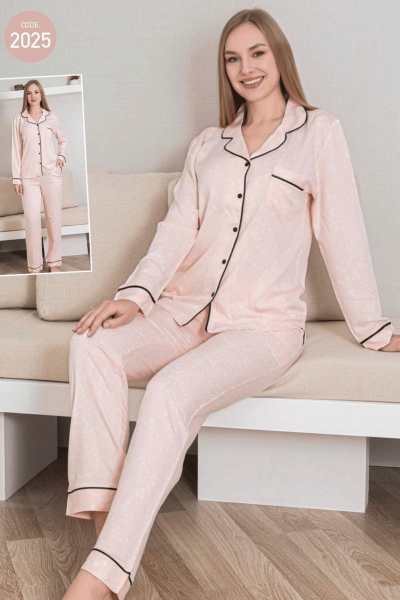 2025 Kadın Belmando Desenli Düğmeli Pijama Takımı Pembe - 