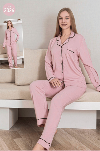 2026 Kadın Belmando Düz Düğmeli Pijama Takımı Pembe - 