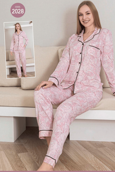 2028 Kadın Belmando Desenli Düğmeli Pijama Takımı Pembe - 