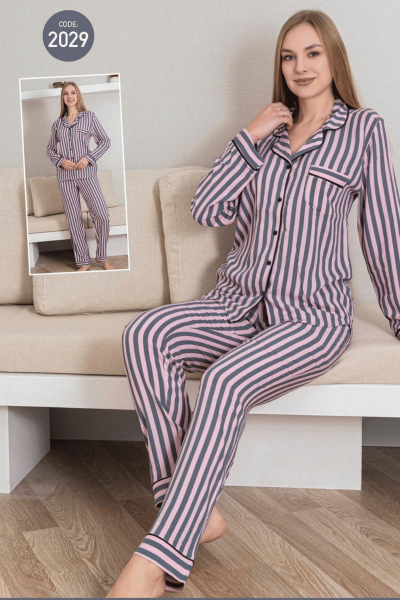 2029 Kadın Belmando Çizgili Düğmeli Pijama Takımı Pembe - 