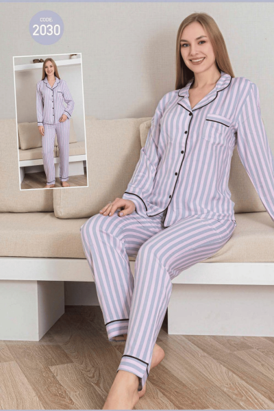 2030 Kadın Belmando Çizgili Düğmeli Pijama Takımı Pembe - 
