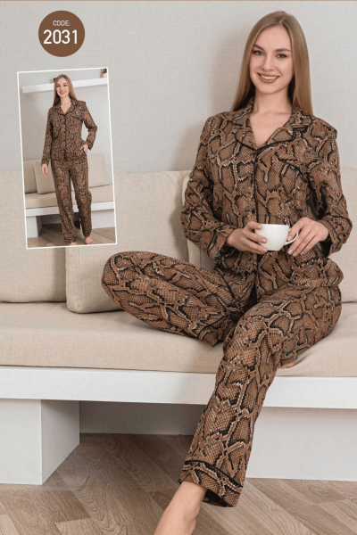 2031 Kadın Belmando Desenli Düğmeli Pijama Takımı Kahve - 