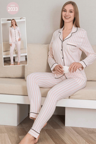 2033 Kadın Belmando Çizgili Düğmeli Pijama Takımı Pembe - 