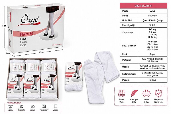249 Özge Mikro Çocuk Külotlu Çorap 12'li Beyaz - 3