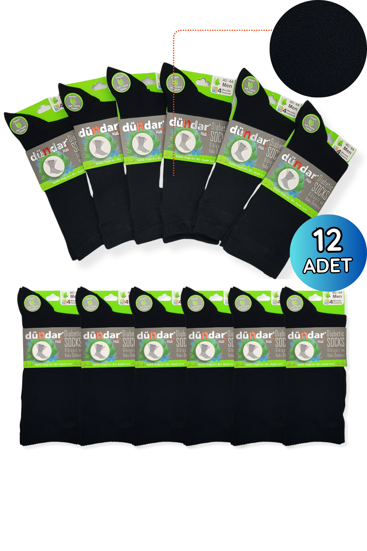 6982 Dündar Erkek Bambu Diyabetik Çorap 12'li Paket Siyah - 1