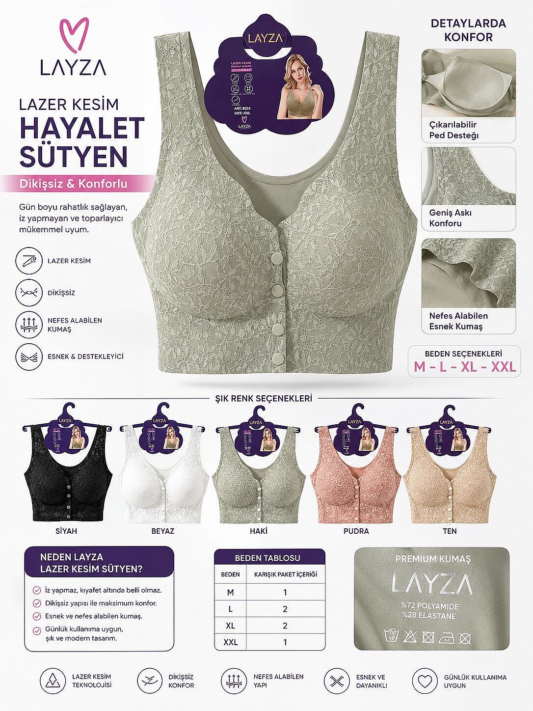 8223 Layza Lazer Kesim Hayalet Sütyen 6'lı - 1