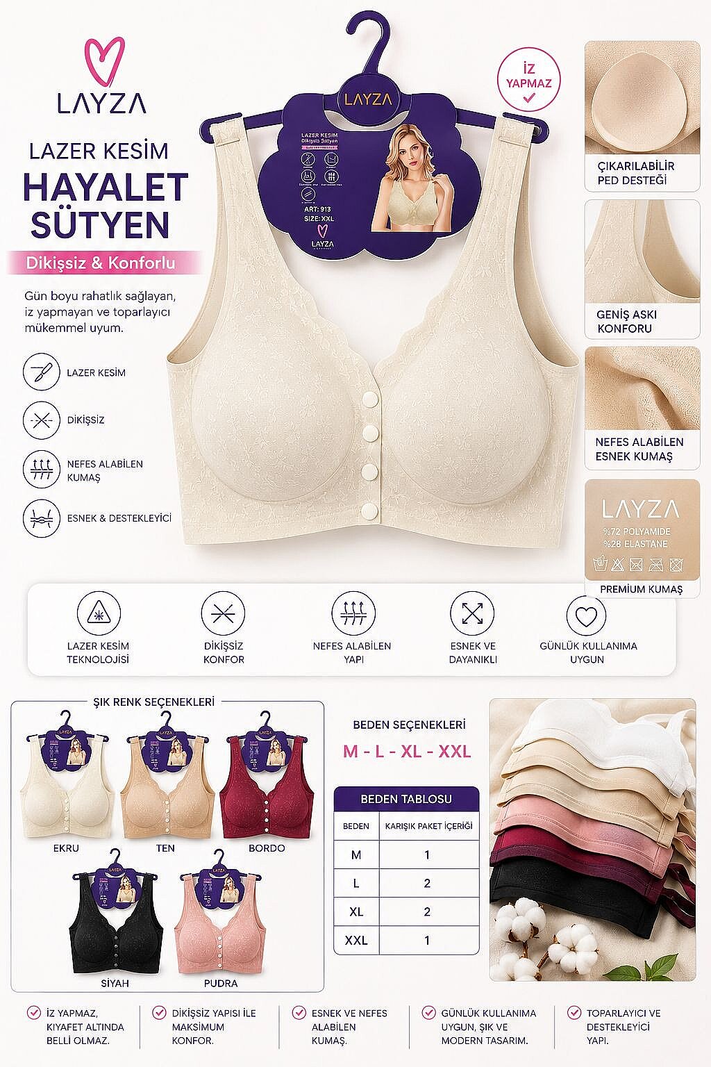 913 Layza Lazer Kesim Hayalet Sütyen 6'lı - 1