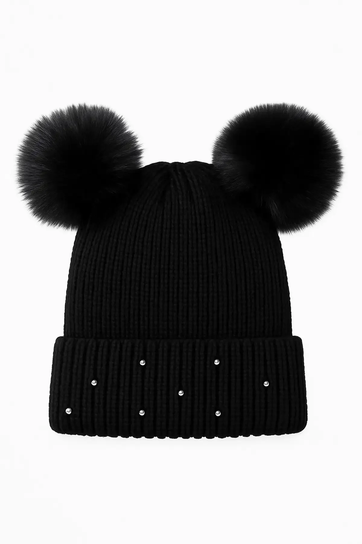 K24420-01-001 Bayan SYT Taşlı Çift Ponponlu Bere 6'lı Siyah - 2