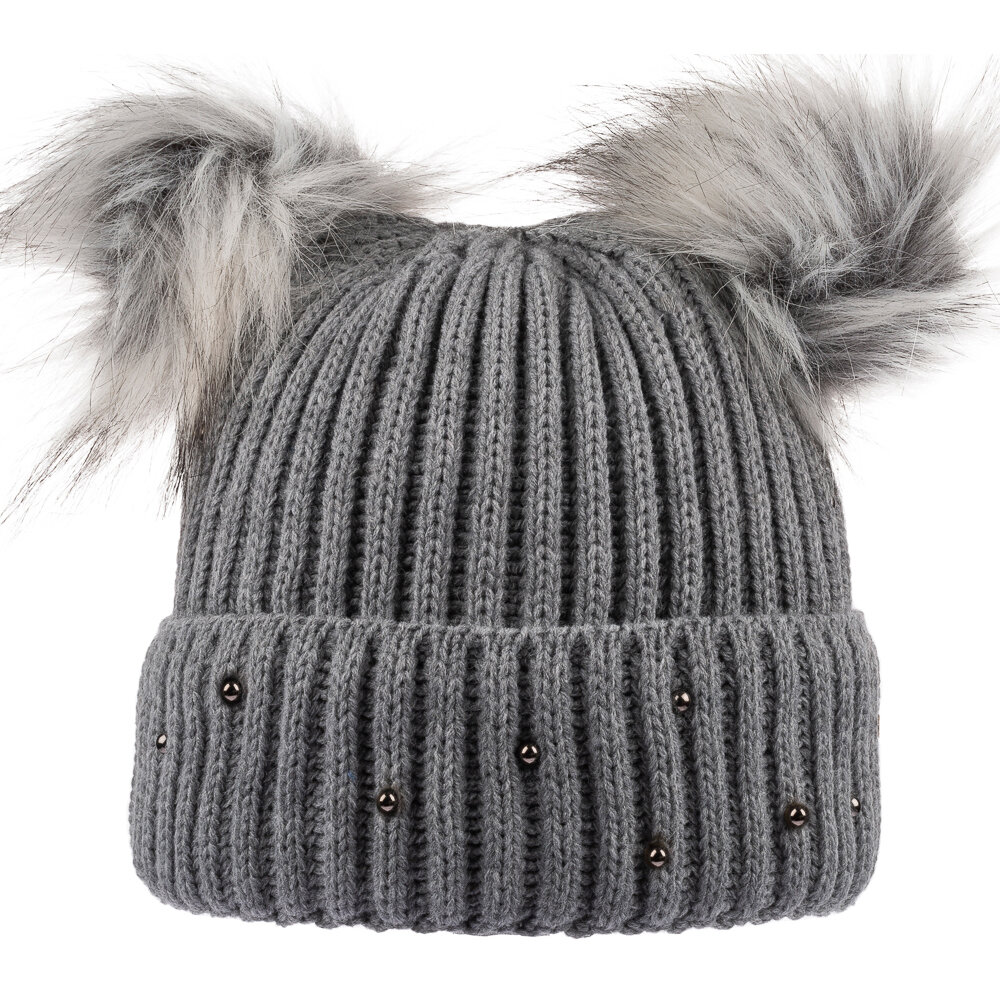 Bayan SYT Taşlı Çift Ponponlu Bere 6'lı Füme - 1