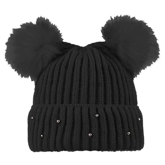 Bayan SYT Taşlı Çift Ponponlu Bere 6'lı Siyah - 1