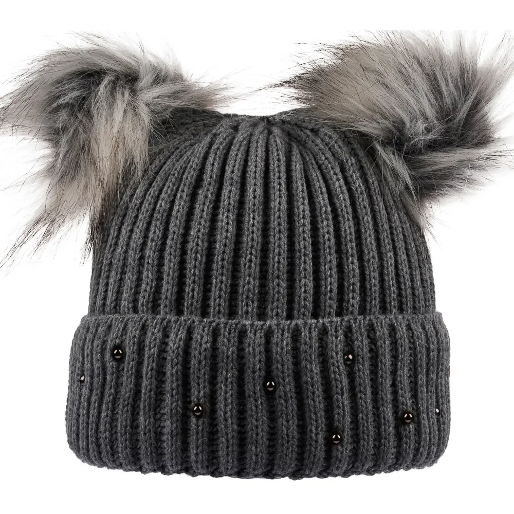 Bayan SYT Taşlı Çift Ponponlu Bere 6'lı Antrasit - 1