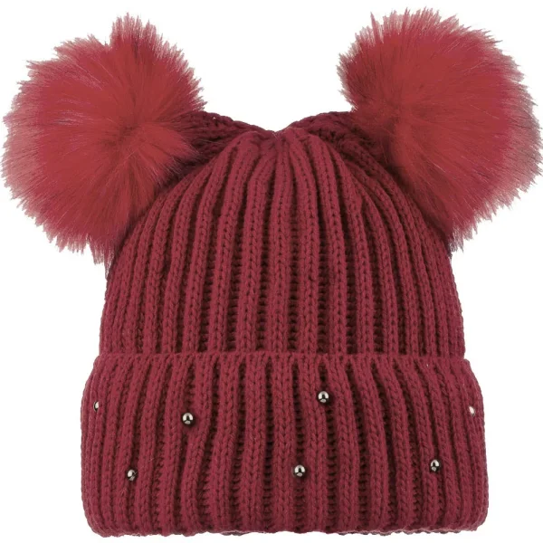 Bayan SYT Taşlı Çift Ponponlu Bere 6'lı Bordo Bordo