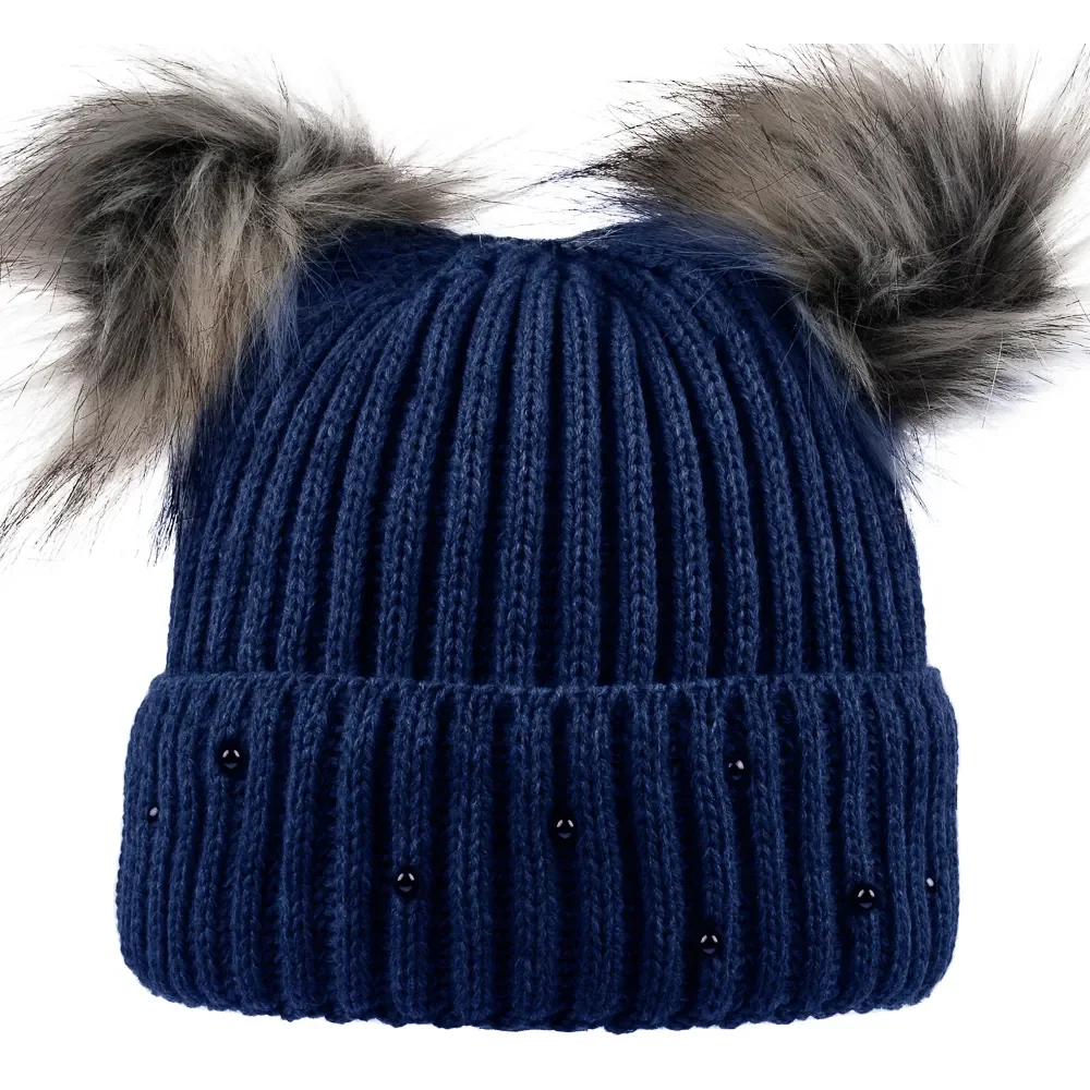 Bayan SYT Taşlı Çift Ponponlu Bere 6'lı Lacivert - 1