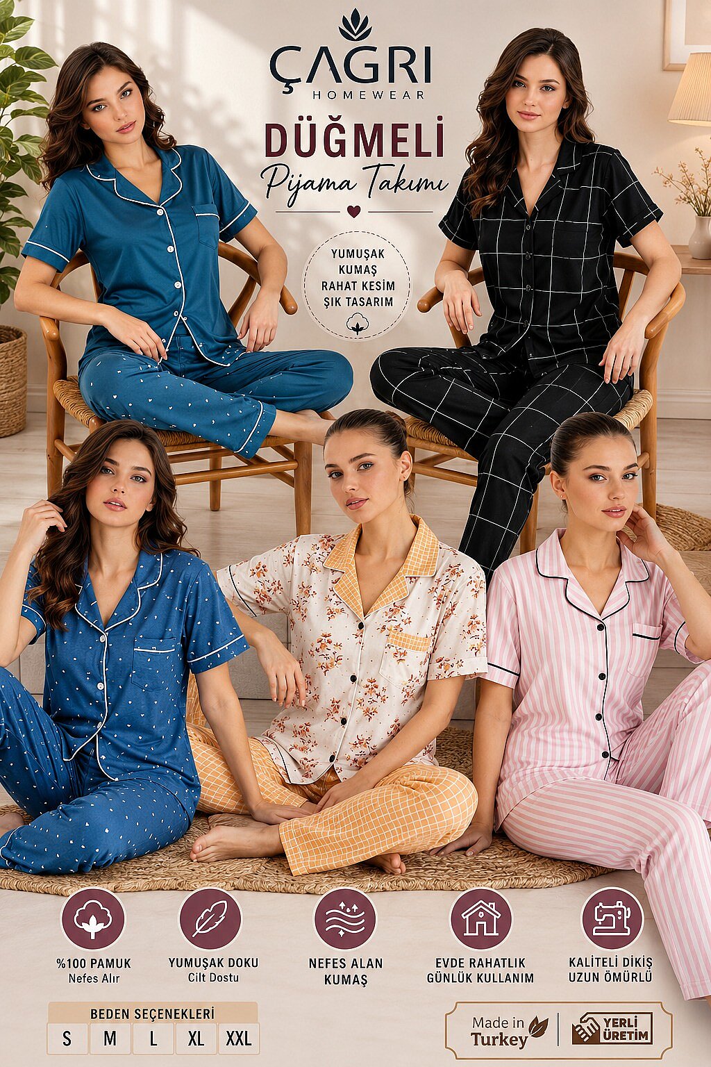 Çağrı Kadın Düğmeli Pijama Takımı 4'lü - 1
