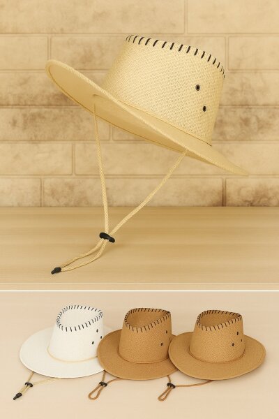 İpli Kovboy Hasır Fötr Şapka - 