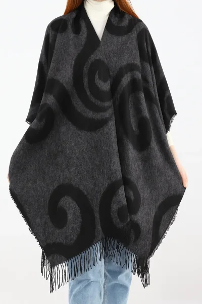 Kadın Panço Desenli Antrasit 