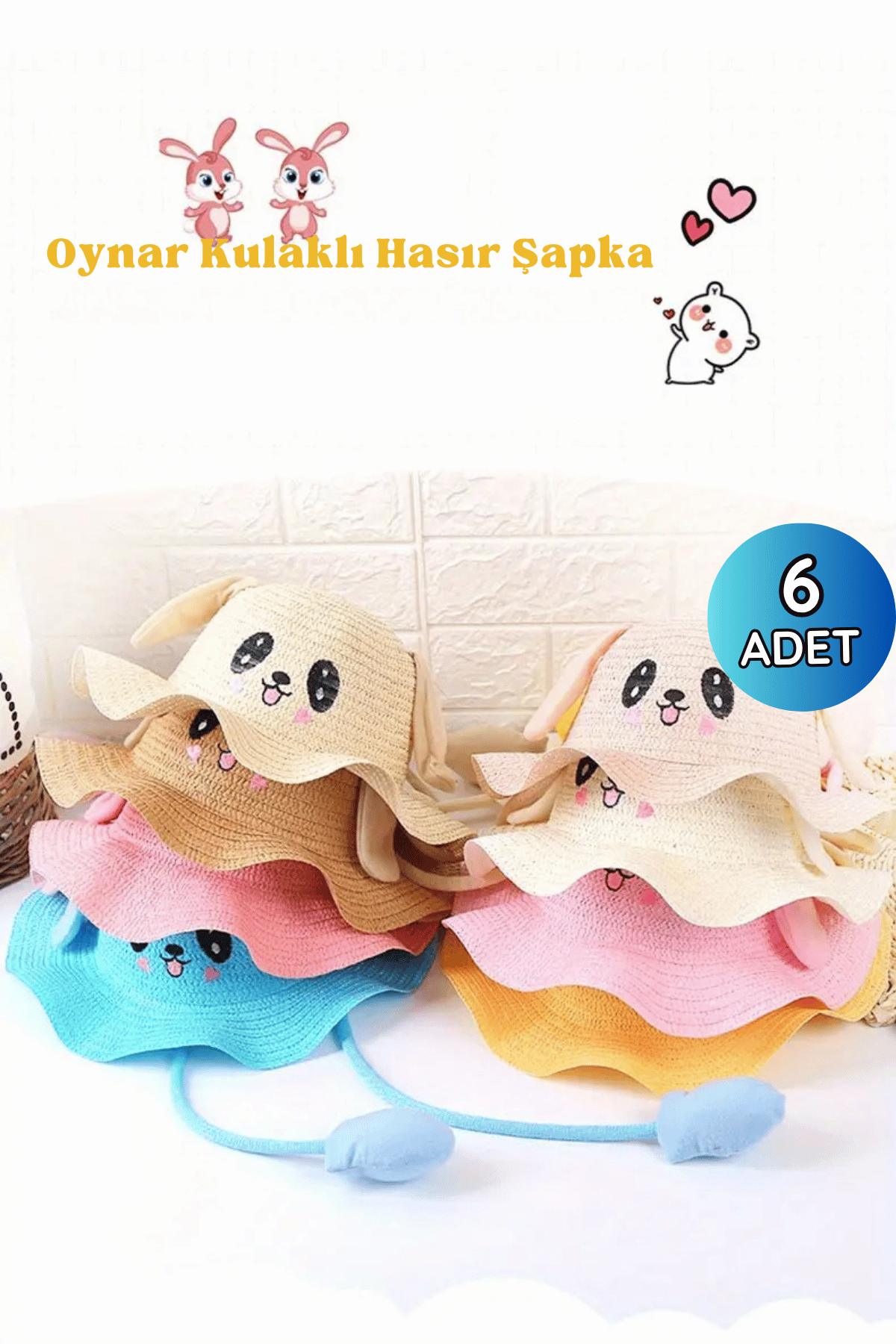 Kız Çocuk Oynar Kulaklı Hasır Şapka 6'lı Paket - 1