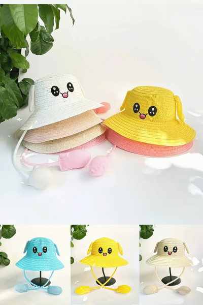 Kız Çocuk Oynar Kulaklı Hasır Şapka Pembe - 3