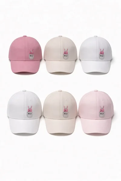 P-Y26140-01 Kitti 1-4 Tavşan Nakışlı Kız Şapka 6'lı 